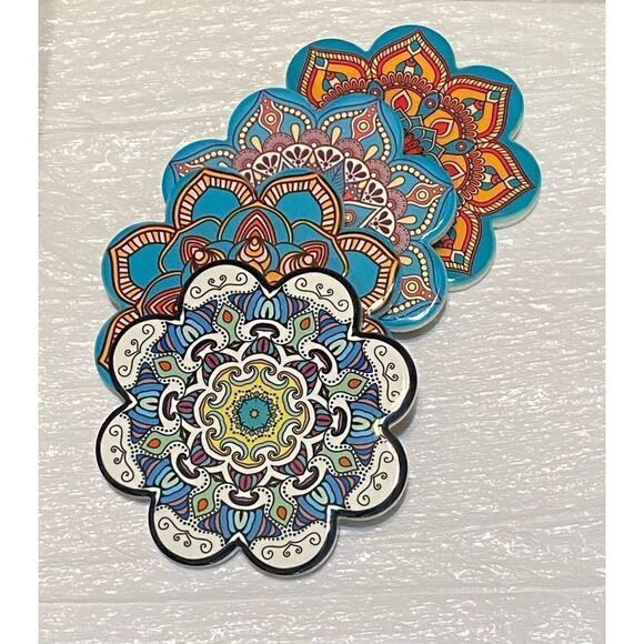 Bundle of 4 Set Ceramic Non-Slip Absorbent Coaster Mandala Pattern - Picture 1 of 6